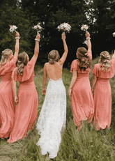 Xanthe | Chic A Line Peach Chiffon Maxi Bridesmaid Dress with V - Neck and Short Sleeve - Price #price_variant_lowest# - Peach - PromDressClub